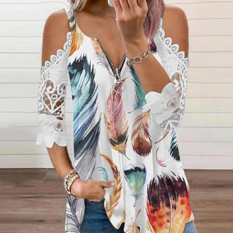 new spring/summer cross-border women's fashion: european and american style export top - camisole with cutout lace sleeves, knitted t-shirt for women