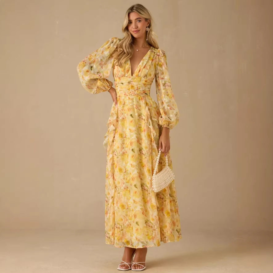 Yellow floral dress - autumn  australian fresh & sweet stand collar single-breasted tie-waist maxi dress