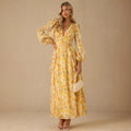 Yellow floral dress - autumn  australian fresh & sweet stand collar single-breasted tie-waist maxi dress