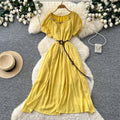 French chic yellow a-line dress - short sleeve, tie-waist, flowy maxi dress for women