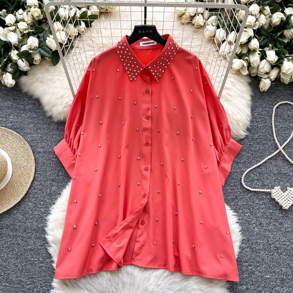 European fashionable tops for women design sense heavy industry inlaid diamond polo collar bat sleeve single breasted loosecasualshirt women