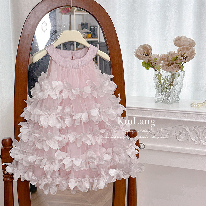 summer new korean style girls' halter neck floral tiered cake dress birthday mesh tulle skirt