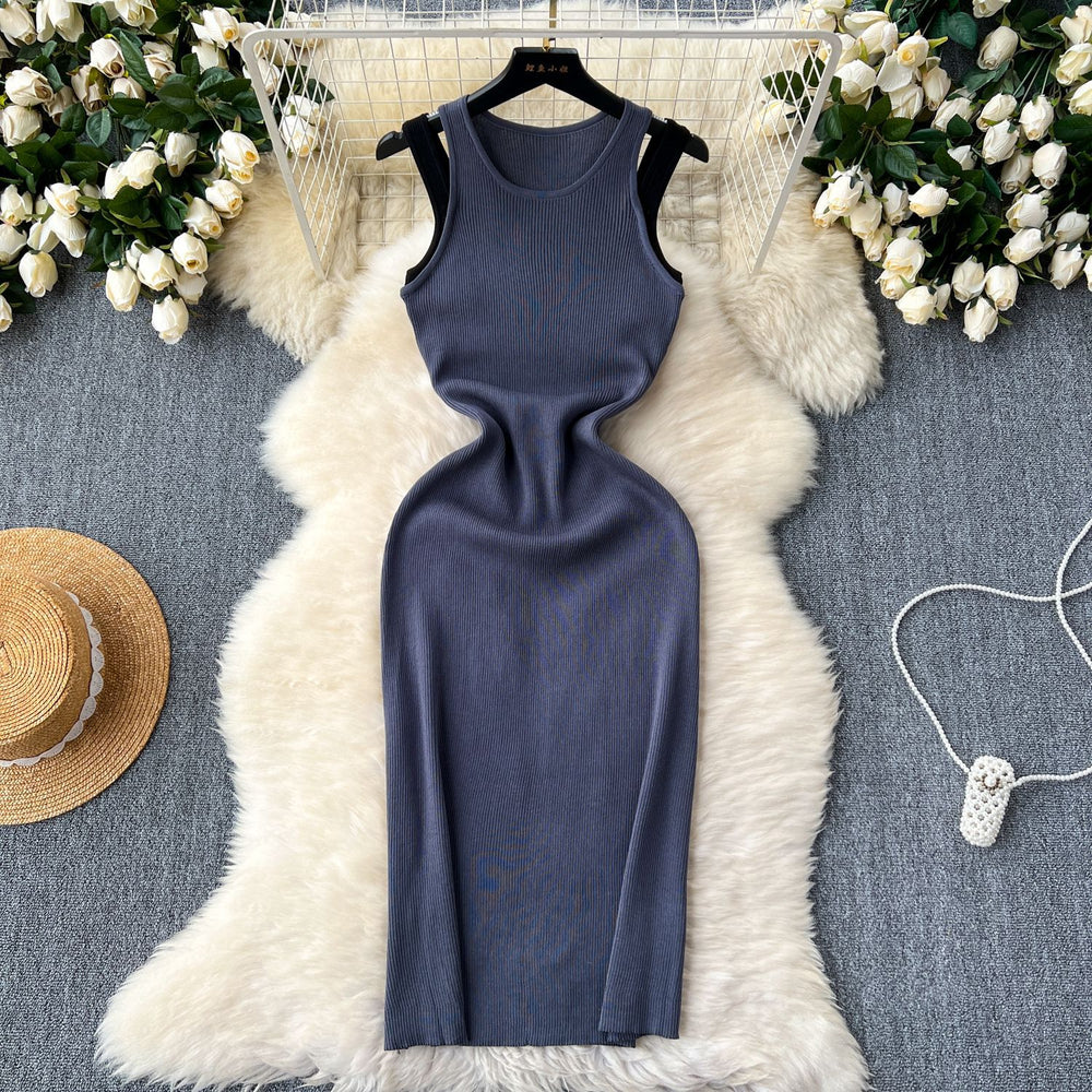 Sense of designfake two-piecedressfemale heart-cut cut outhalter round neck sleeveless knitting hip-covering hot girl skirt