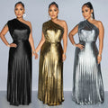 C7506 cross-border   fashion women's elegant gold foil one-shoulder sleeveless solid color dress