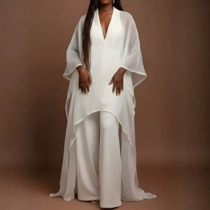 fashionpure colorelegant flowy deep v neck jumpsuit loose chiffon blouse robe wide leg jumpsuit