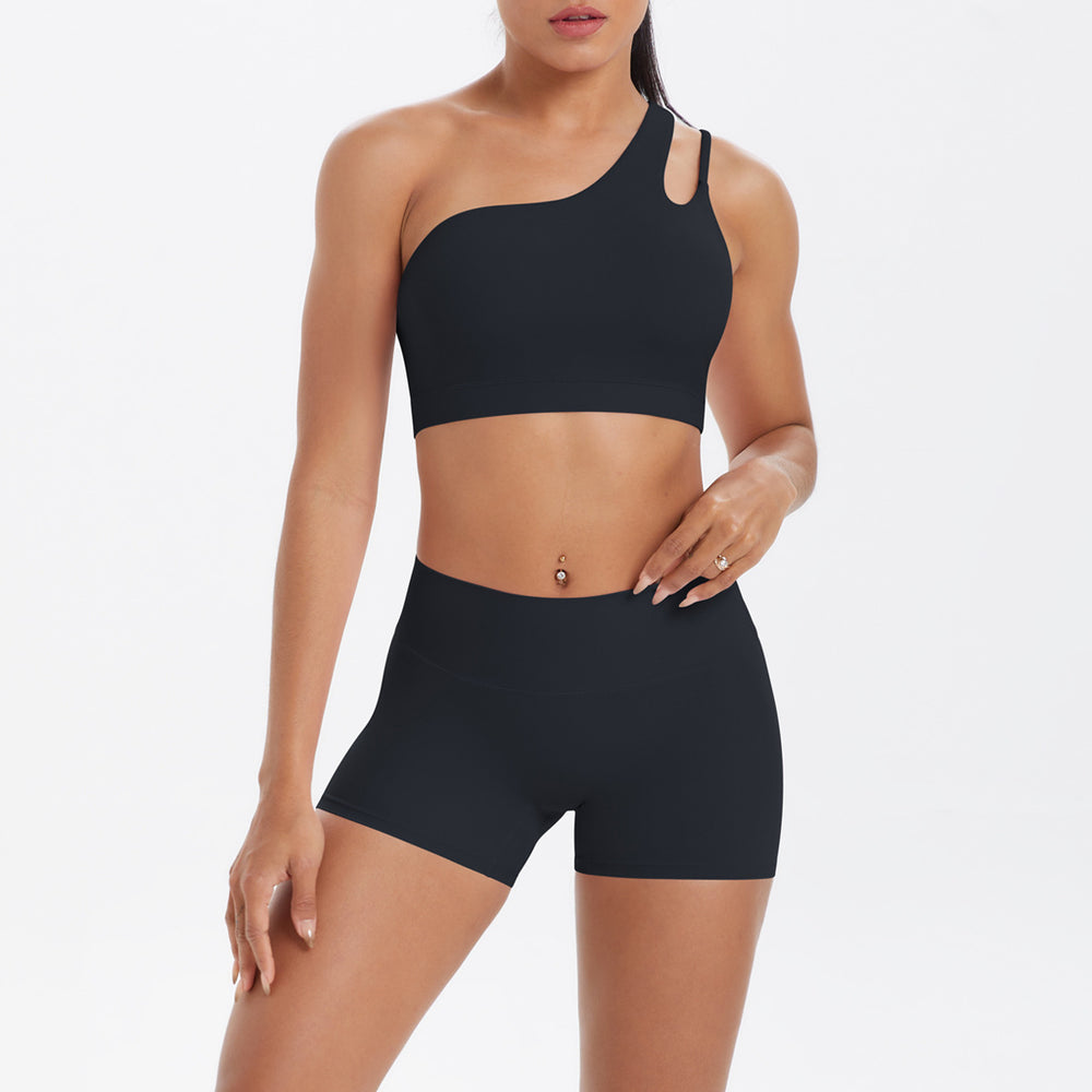 New arrival cross-border fashion double-sided nylon brushed single-shoulder yoga suit sports running fitness two-piece set for women