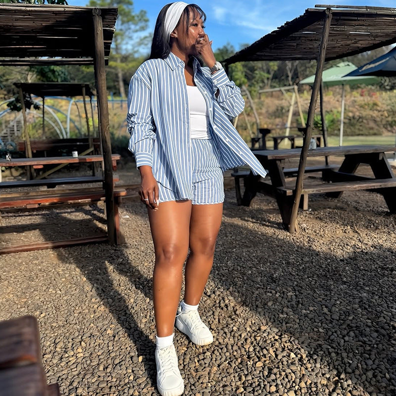 European and american cross-border women's fashion:  autumn new collection - stylish turn-down collar, loose fit, long sleeve striped shirt and high-waisted shorts set