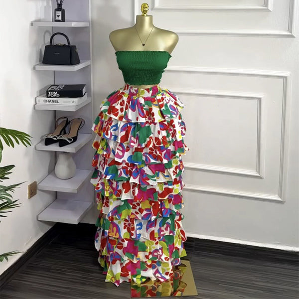 European and American  women's clothing 2025 autumn new fashionable and sexy tube top, waist and thin printed big swing skirt set