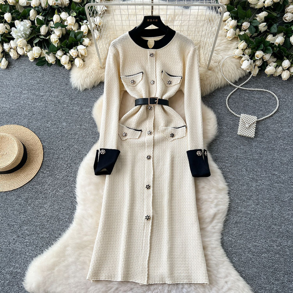 Fall and winter tweed stylelong sleeveselegantdress socialiteelegance metal button decoration waist slit knitting long skirt