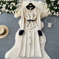 Fall and winter tweed stylelong sleeveselegantdress socialiteelegance metal button decoration waist slit knitting long skirt