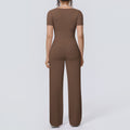pure color double-piece nude high-elastic fake two-piece yoga suit sports running fitness short-sleeved two-piece set for women