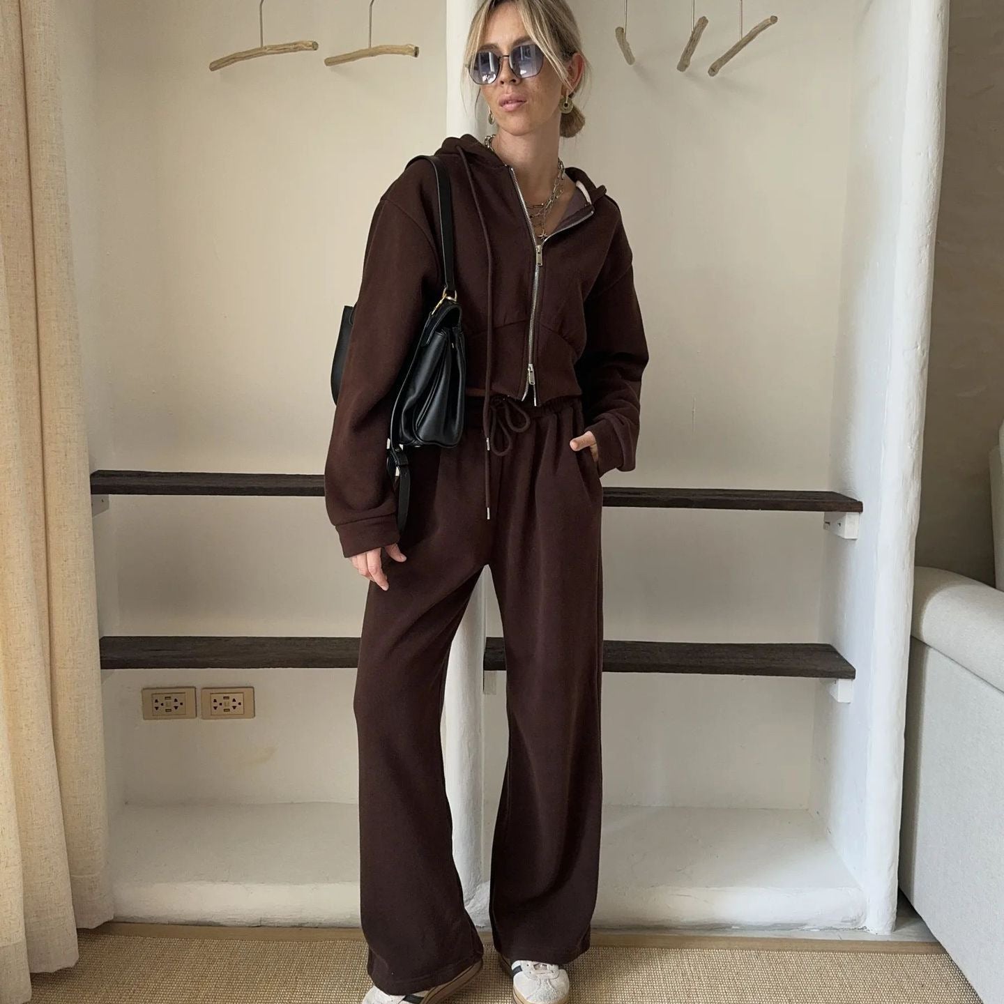 Cross-border European and American women's fashion sports suit solid color long-sleeved zipper hooded cardigan sweater casual pants two-piece set