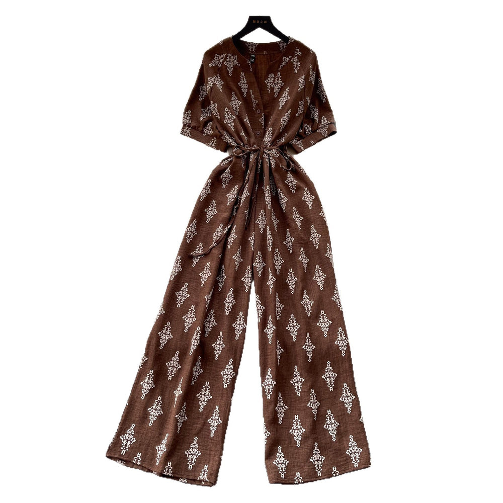 Vintage polka dot v-neck ruched trendy jumpsuit - women's  summer high-waisted slimming wide leg straight leg pants