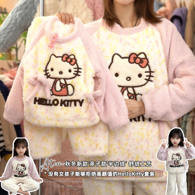 【matching family outfits】girls' autumn/winter loungewear set - popular cartoon cat half-fleece pajama pants for girls and big girls