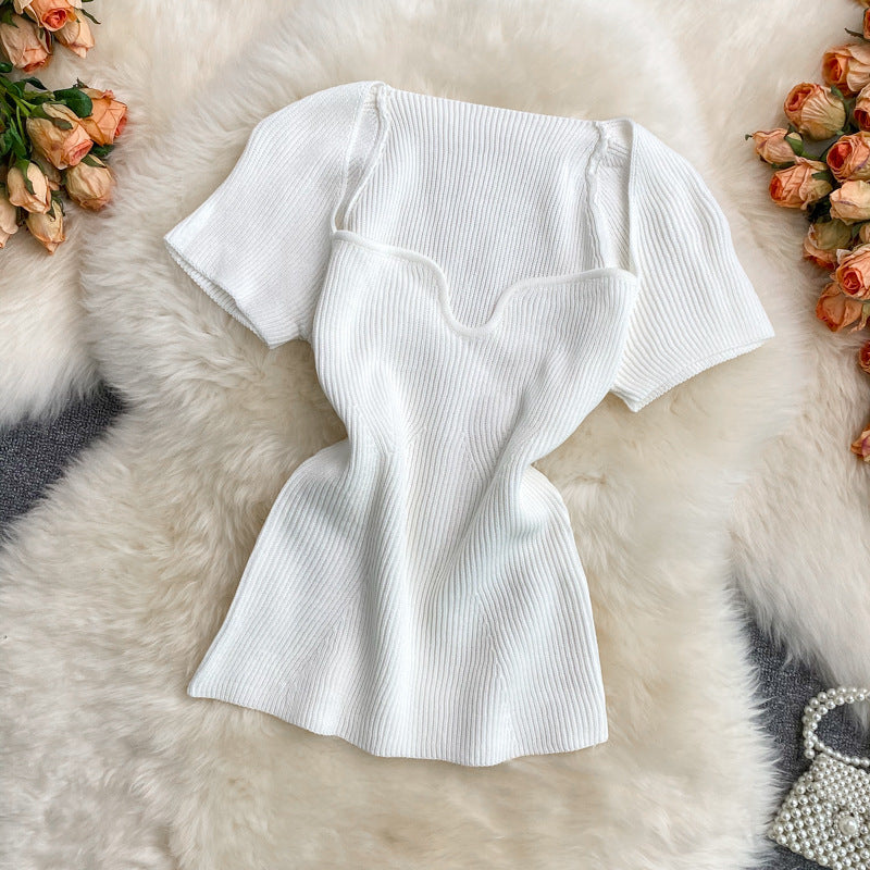 Summer hot girl style short t-shirt short sleeve sense of designniche style square neck heart exposed collarbone exposed navel knitting shirttops women