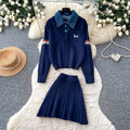 Preppy style embroider dog patchwork denim collar fake two-piece knittingcardiganpleated skirtautumslimming looksuit