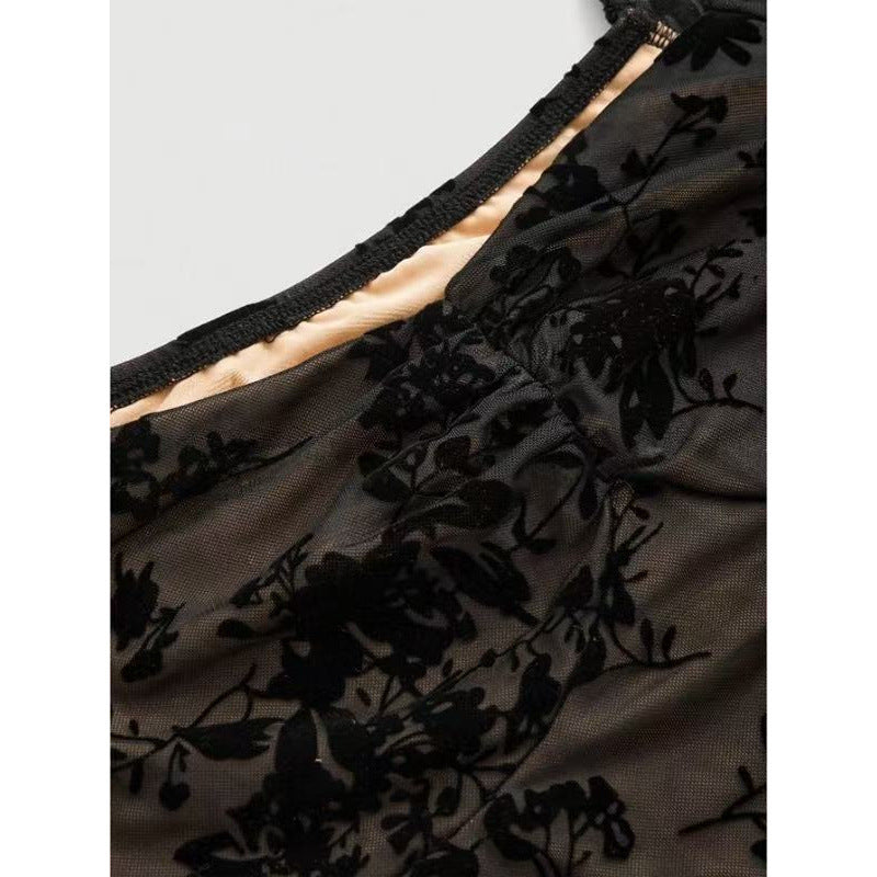 Shipped: cross-border european and american women's apparel -  & independent store - black floral lace a-line cropped top dress