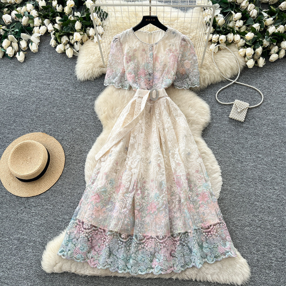 French romantic style heavy lace print dress - women's summer short sleeve high-end slimming waist vacation dress
