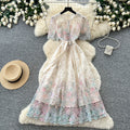 French romantic style heavy lace print dress - women's summer short sleeve high-end slimming waist vacation dress