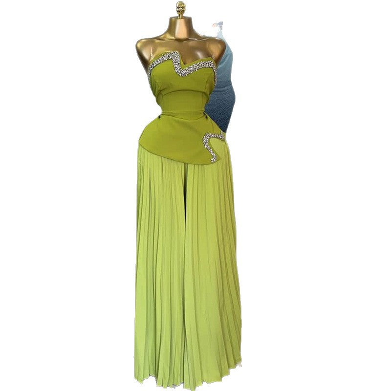 European and american cross-border women's fashion  summer new collection: heavily embellished bandeau top with rhinestone accents and asymmetrical design, paired with pleated wide-leg pants set