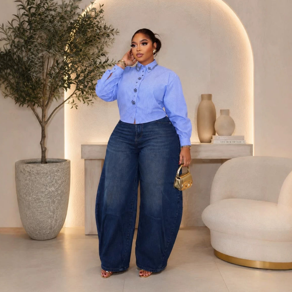 European and american cross-border women's fashion:  summer new arrival - stylish turn-down collar, rhinestone-embellished, striped long-sleeve shirt top for women