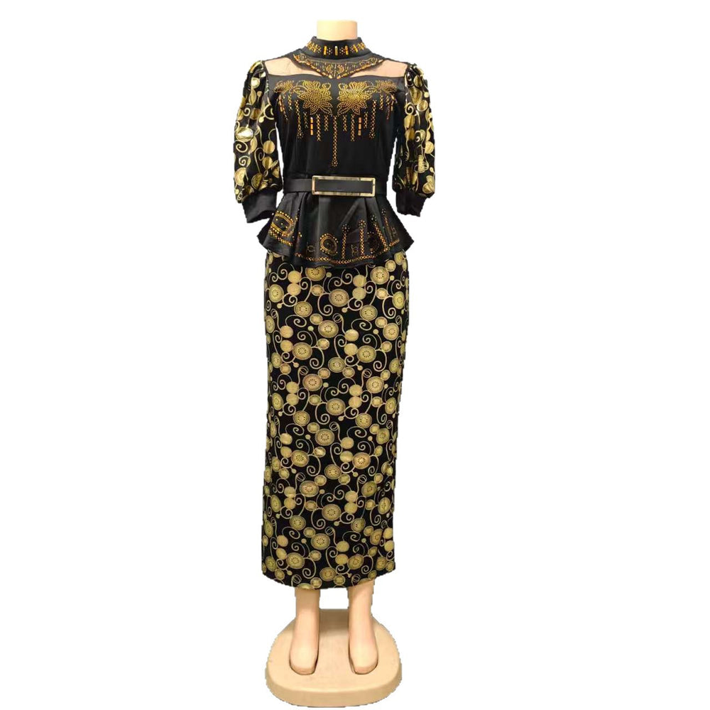 Plus size fashion solid color women's new african hot stamping rhinestone print set cross-border cinched waist dress
