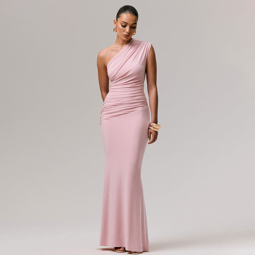 Amazon us & europe women's clothing  summer new fashion solid color elegant one-shoulder sexy slim-fit dress wholesale
