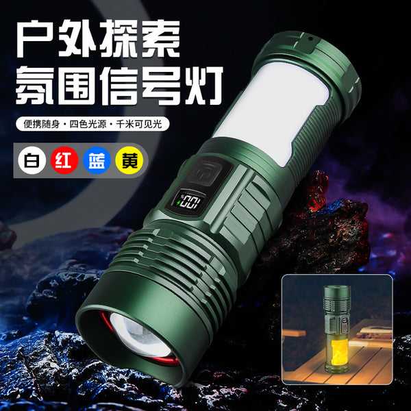Multifunctional portable strong light aluminum alloy flashlight telescopic zoom usb charging multi-light source with flame camping light