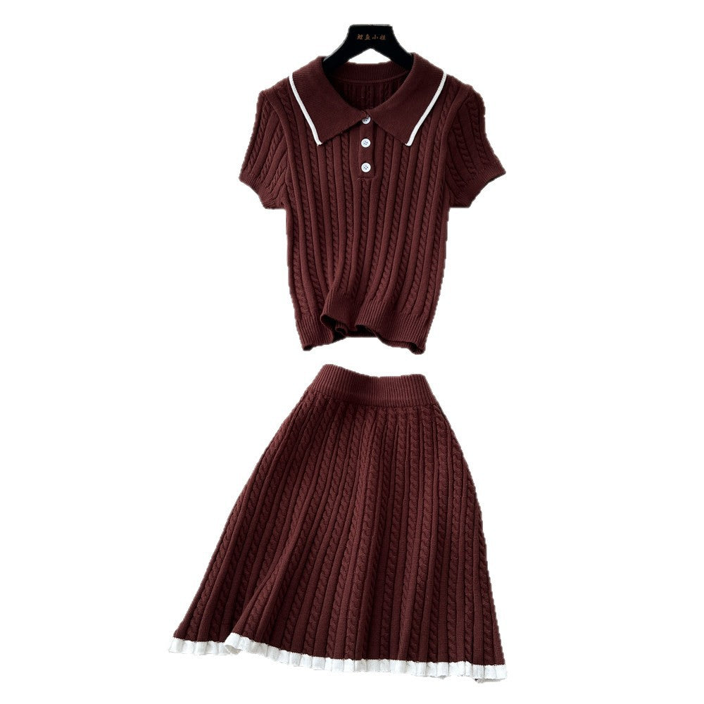 Preppy style polo collar knittingtwo-piece set female summerwork clothing styleslimming look short-sleeved topselegant skirt suit