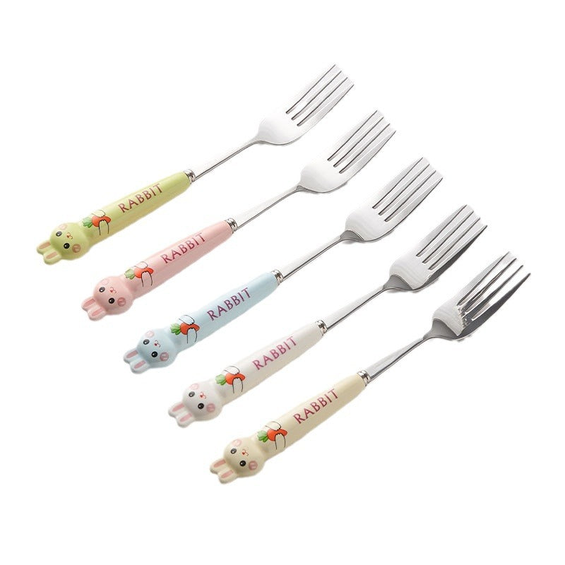Cartoon rabbit portable cutlery set - 3-piece stainless steel spoon and chopsticks with ceramic handle
