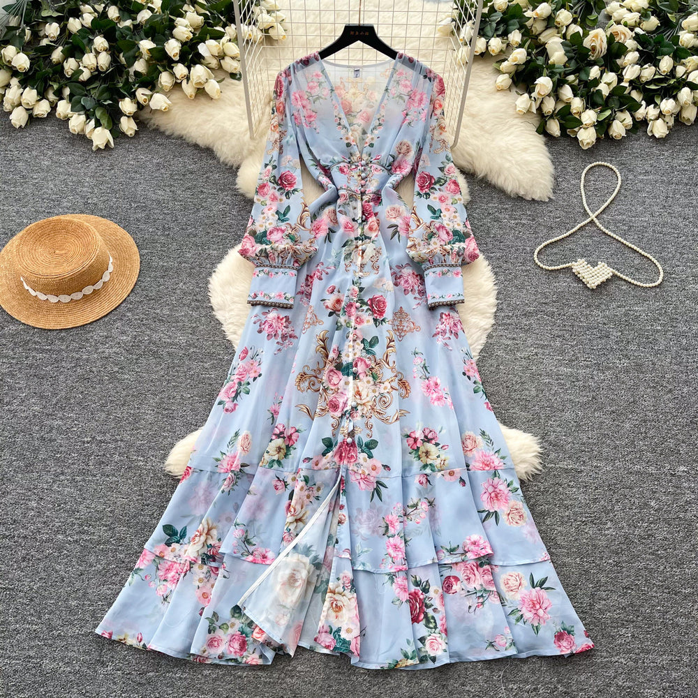 French riviera floral print flared sleeve dress - women's long sleeve tie-waist a-line maxi dress - elegant & chic