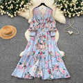 French riviera floral print flared sleeve dress - women's long sleeve tie-waist a-line maxi dress - elegant & chic