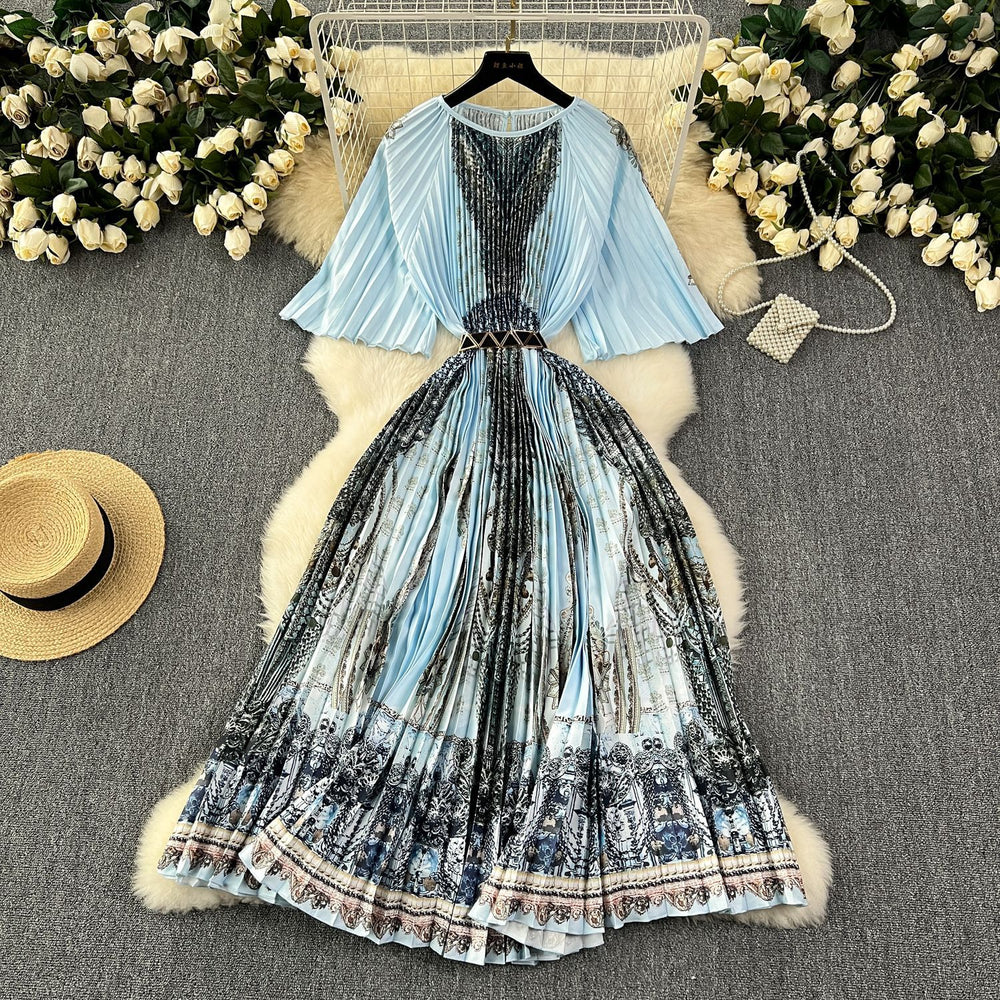 European and american retro court style design printed long dress with heavy pleating, puff sleeves, and pleated skirt - spring collection for women