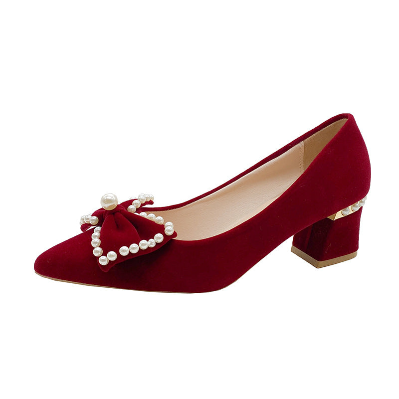 Chinese xiuhe wedding shoes for women 2024 new arrival wedding dress shoes pearl heel bows not tired feet red engagement