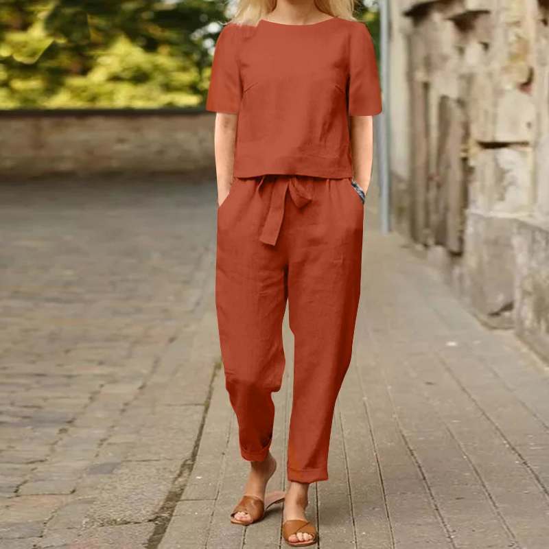 Spot   women's clothing cotton and linen summer matching set half-sleeved O-neck oversized blouse e wide legs, retro pants