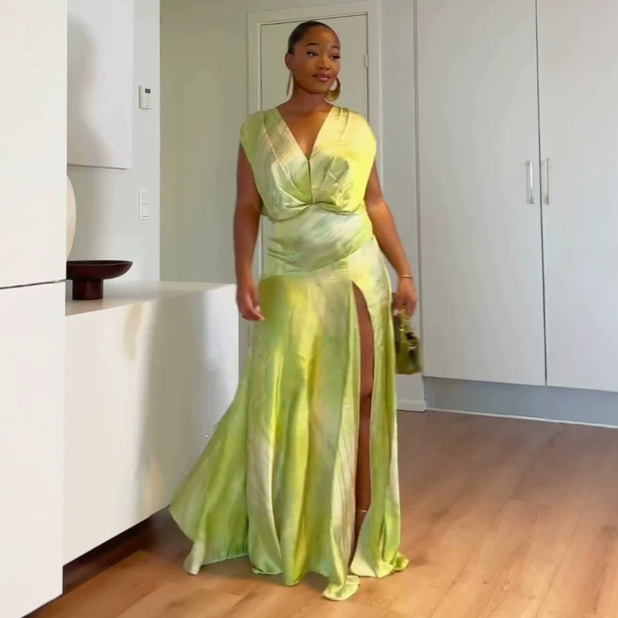 European and american cross-border african women's clothing  summer new arrival: elegant printed v-neck slim-fit slit maxi dress