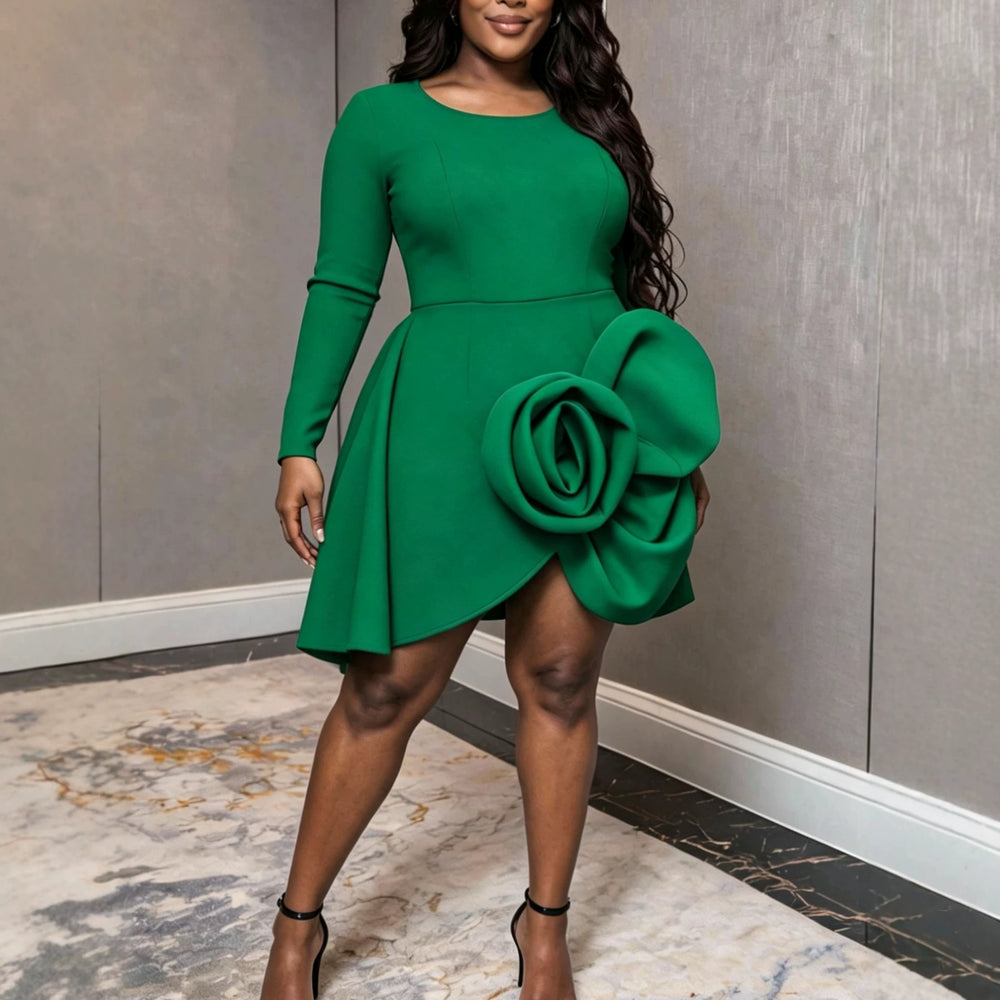 Autumn new arrival: solid color crew neck long sleeve dress - premium ruffle trim, 3d floral appliqué, asymmetrical hem dress