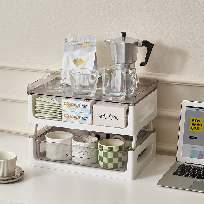 Drawer type desktop storage Plastic multi-layer transparent shelf Tea room Dust-proof cup Tea bag Coffee storage box
