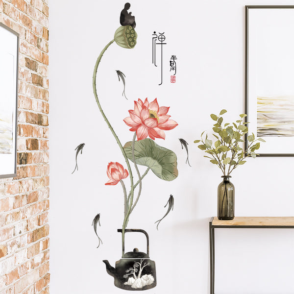 Lotus background decorative sticker plant flower Chinese style wall sticker more than every year butterfly dragonfly sticker, zen