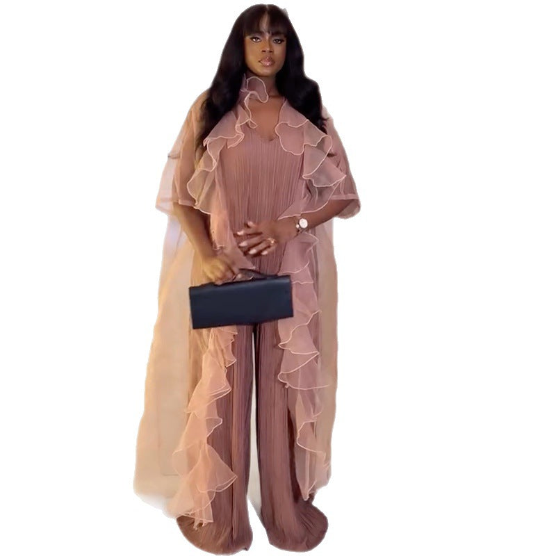 European and american cross-border women's fashion:  autumn new collection - stylish v-neck, ruffle-trimmed, slimming jumpsuit with a unique design