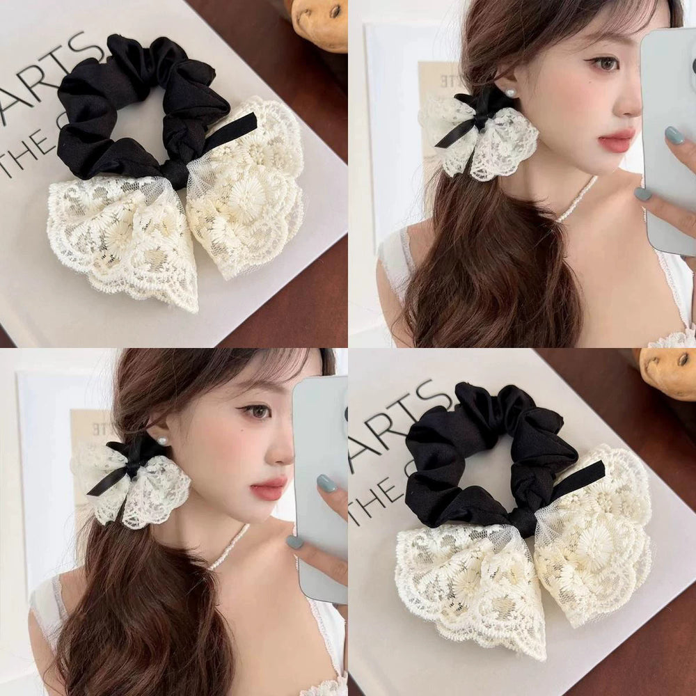 Sweet bowknot hair tie - lace double layer, gentle korean style, fashionable embroidered retro hair rope, elegant