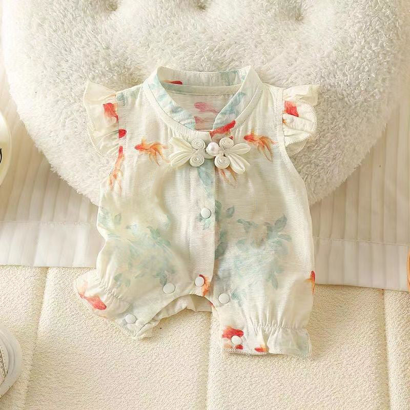 Baby clothes summer fashion chinese style khaki thin one-piece clothes newborn baby one-piece short-sleeved
