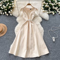 French style mini dress for women, summer , high-end design with belted waist, round neck, sleeveless, a-line maxi dress