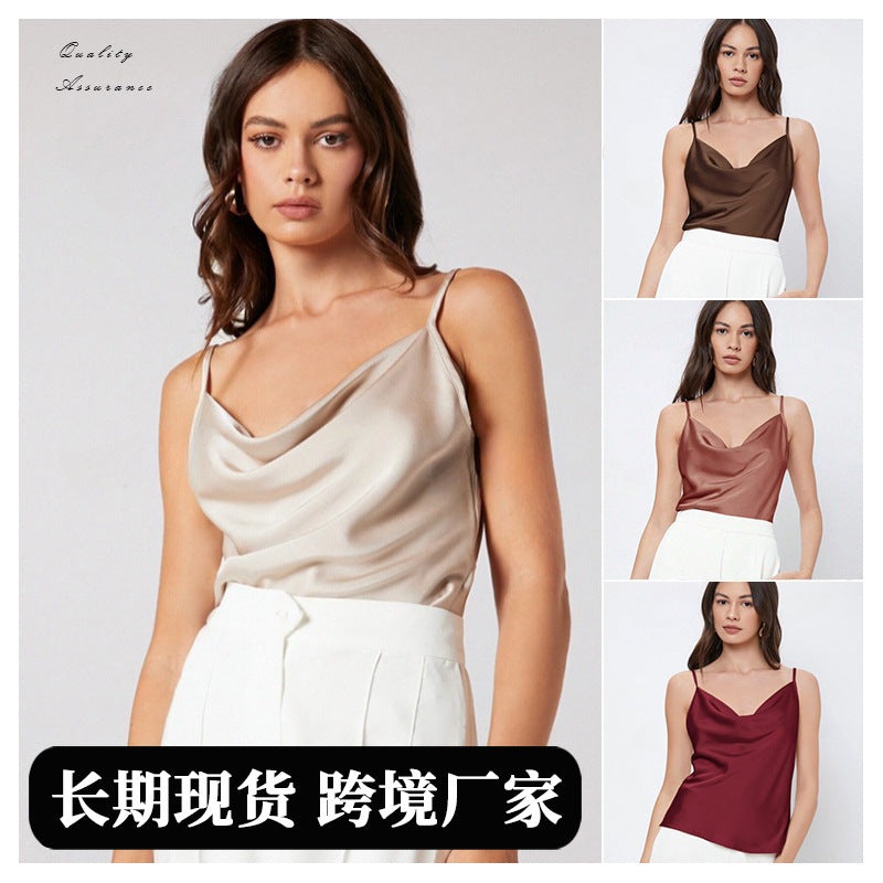 Suit with artificial silk satin suspenders women's stacked collar outwear sexy bottom swing collar short tops