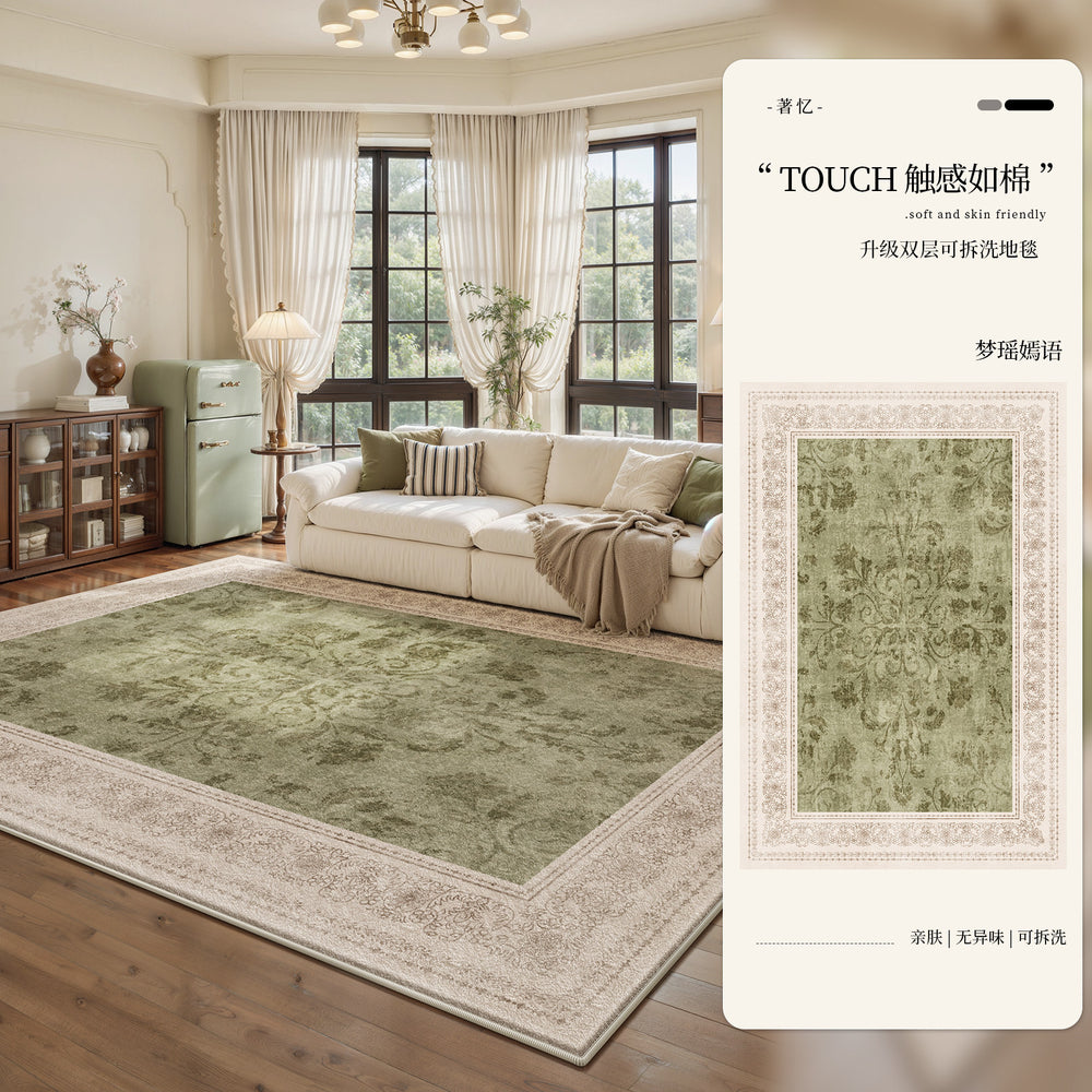 Removable and washable carpet for living room and bedroom, green retro medieval style, machine washable, double layer classy soundproof floor mat for home use