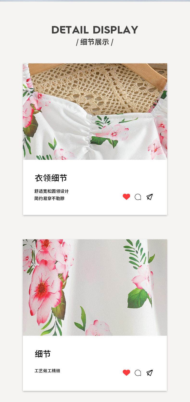 Girls' white dress for export - french style pink floral print, lantern sleeves, sweet summer princess dress for children