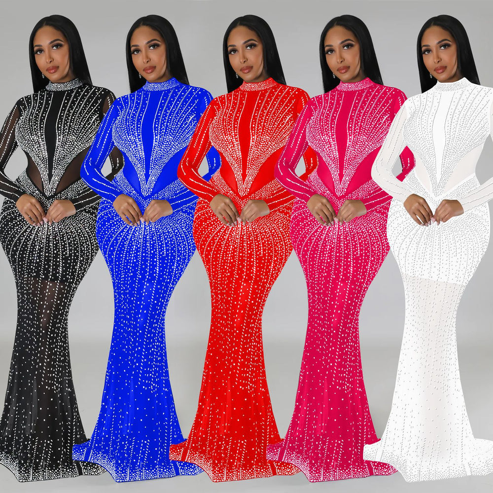 C6369 cross-border   fashion women's solid color mesh rhinestone long sleeve maxi dress