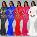 C6369 cross-border   fashion women's solid color mesh rhinestone long sleeve maxi dress