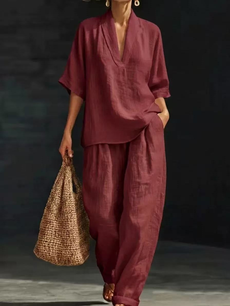 cross-border spring women's casual comfort linen two-piece set