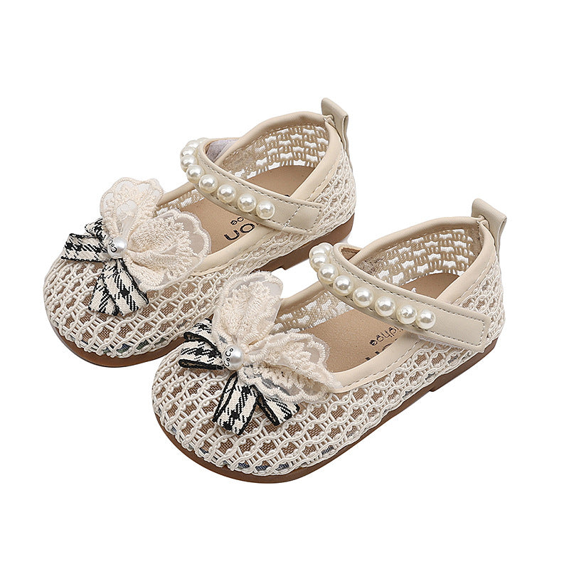 Girls' princess flats - bowknot, rhinestone & pearl embellished, fashionable & breathable sandals - perfect for school, performances & everyday wear (flat sole)